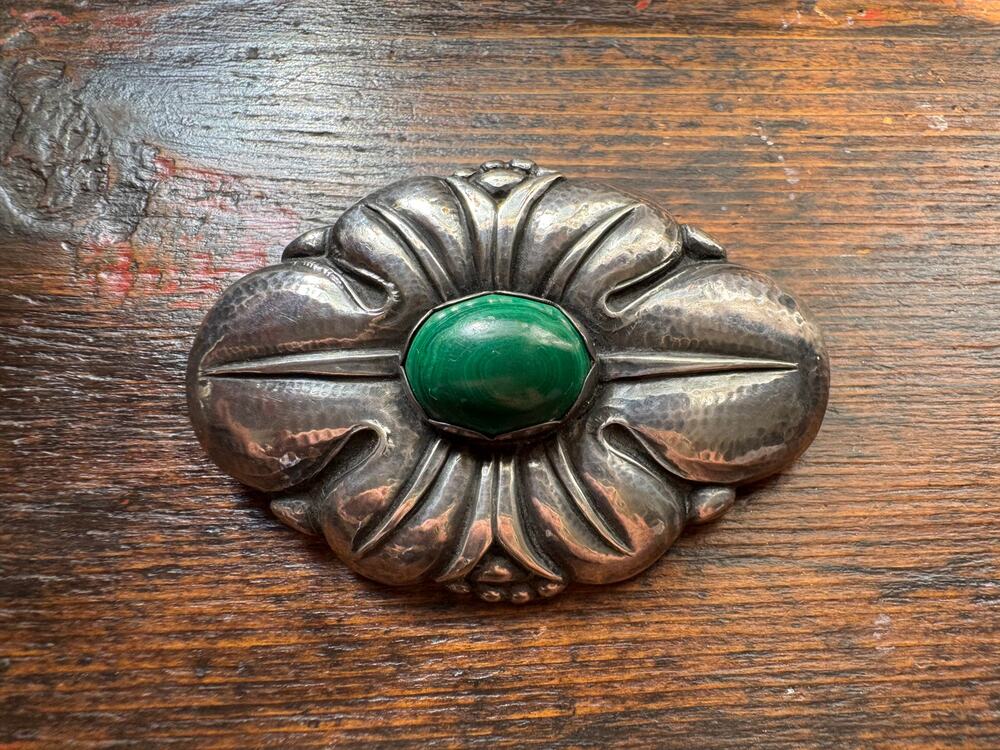 Antique Rasmus Bjørn Halvordersen Malachite 900S Silver Brooch 2.5 inch